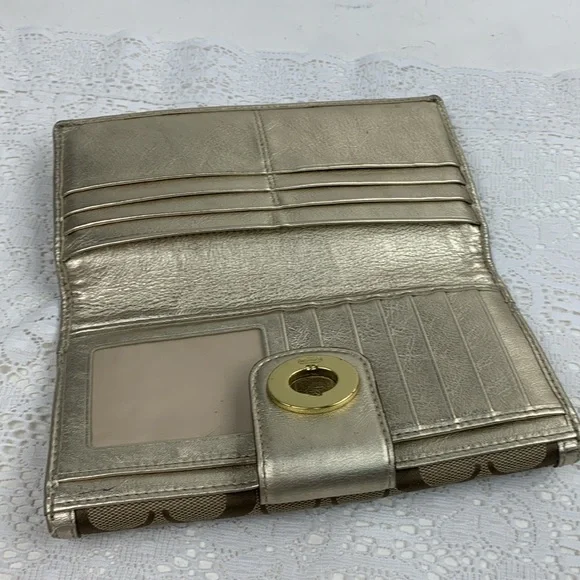 Vintage Coach Leather Fabric Wallet Signature C Turnkey opening Tan Gold shine - Picture 8 of 16